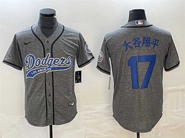 Mens Los Angeles Dodgers #17 Shohei Ohtani Gray Cool Base With Patch Stitched Baseball Jersey